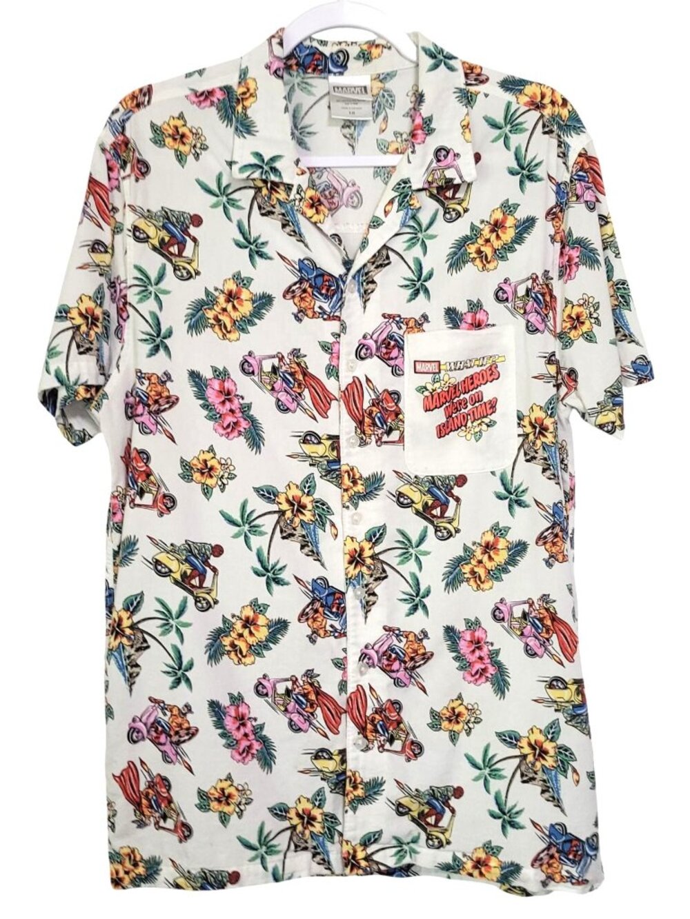 Marvel What If Hawaiian Shirt Comic Heroes Flowers "Island Time" Large Short Sle
